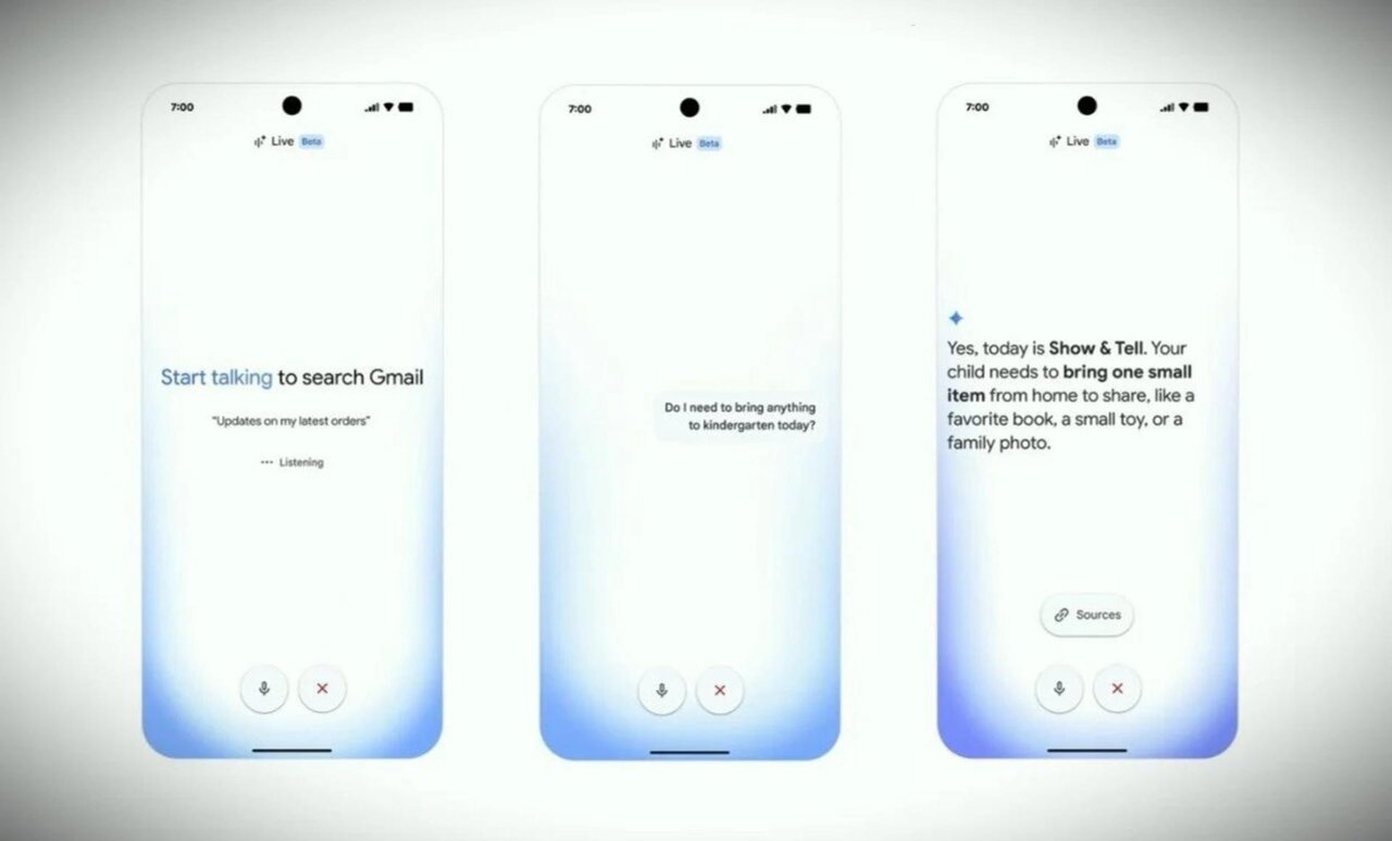 جستوجوی صوتی پیشرفته به جیمیل آمد نمای سه مرحلهای از رابط کاربری هوشمند گوگل برای جستجوی صوتی در جیمیل و پاسخ به سوالات کاربر